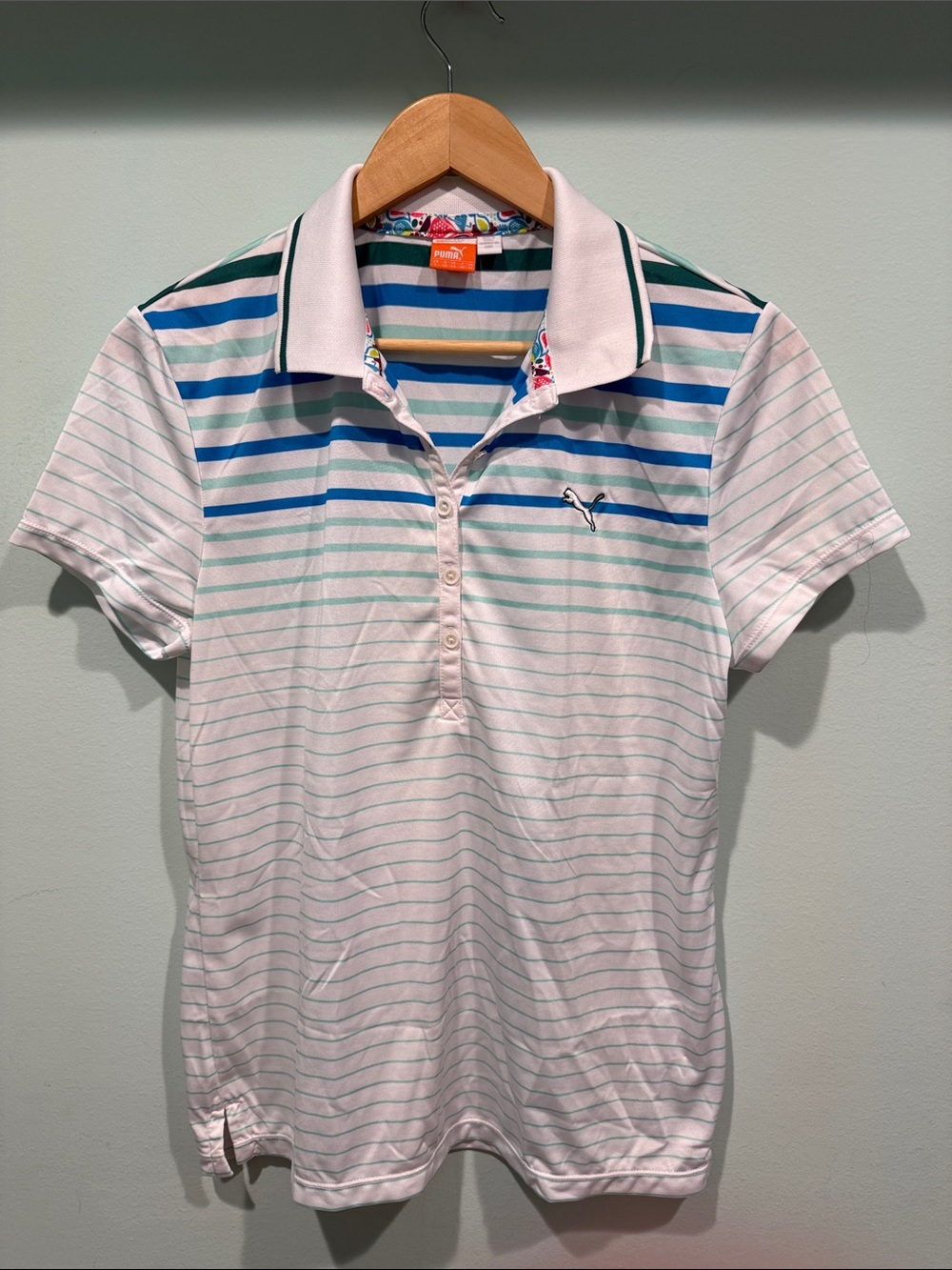 Puma White Polo with Blue and Teal Stripes